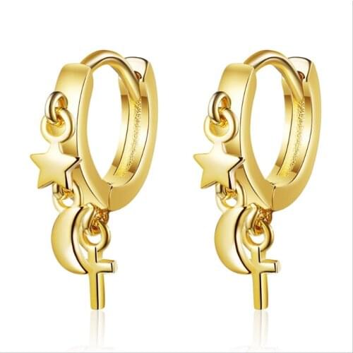 New Arrival Gold Star Moon Cross Design Earrings Lady Cool Silver 925 Hoop Earring For Women Party Accessories Fashion Ear Pierc