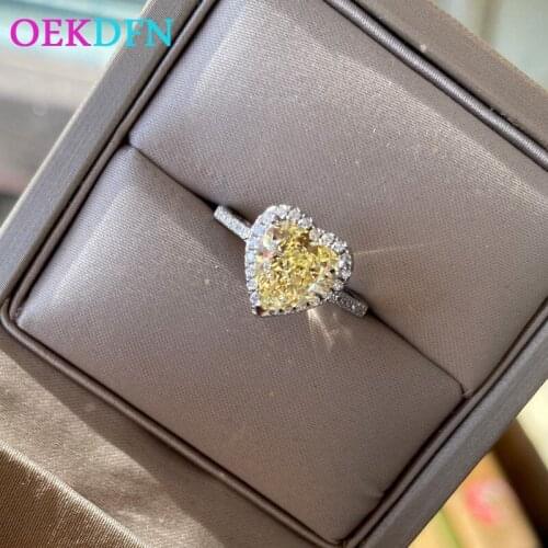 OEKDFN 100% 925 Sterling Silver Rings Heart Created Moissanite Citrine Diamonds Gemstone Wedding Engagement Band Fine Jewelry