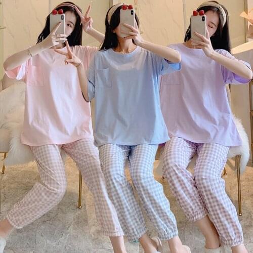 2021 Summer 100% Cotton Short Sleeve Long Pants Pajama Sets for Women Korean Sleepwear Pyjama Homewear Pijama Mujer Home Clothes