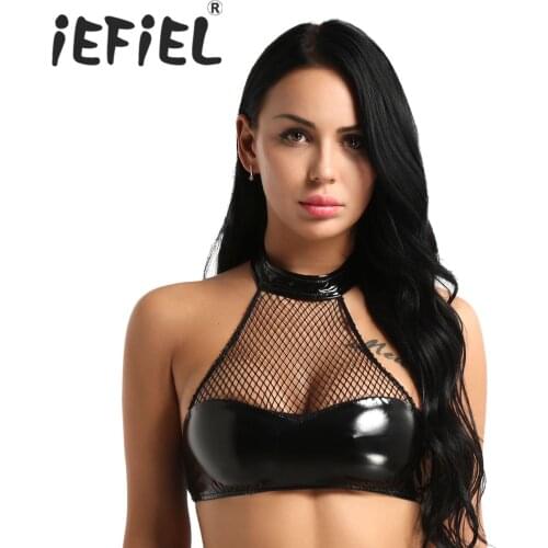 Sexy Girls Womens Black Neck Halter Backless Lingerie Fishnet Faux Leather Wire-free Unlined Bra Tops Crop Top C;lubwear Bra Top