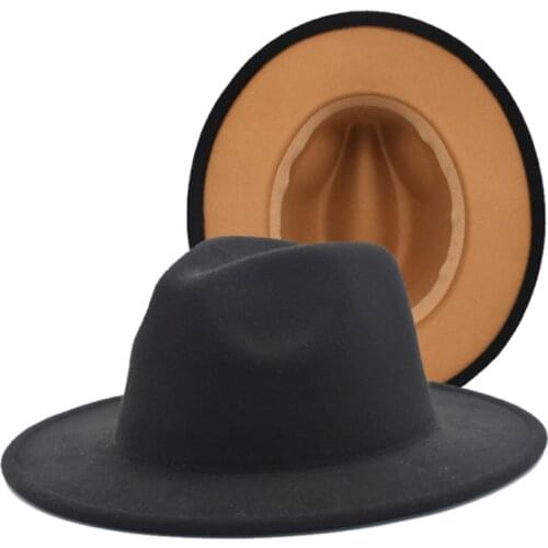 Wide Brim Fedora Hat For Women Solid Color Wool Felt Hat For Men Autumn Winter Panama Jazz Cap Two-tone Couple Church Hat