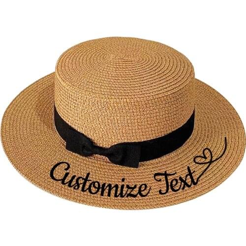 New Embroidery Custom Text Your name Logo Black Bow Straw Hat Women Sun Hat Panama Beach hat Bridal Party Gift