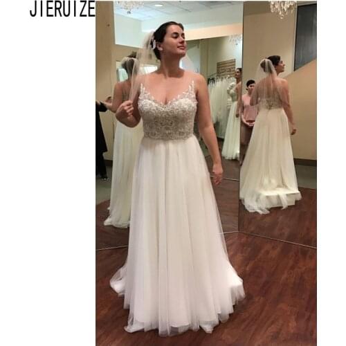 JIERUIZE Elegant Boho Wedding Dresses Sheer Scoop Neck Button Back Wedding Gowns Lace Appliques A Line Tulle robe de mariee