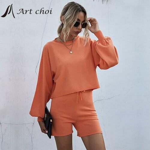 Knitted Two Piece Set Solid Tracksuit Casual Outfit Sweater Short Suits Women Jumper Pullover Tops Shorts Knitwear 2 Piece Sets