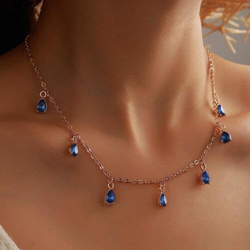 UFOORO New Sapphire Necklace Palace Style Simple Water Drop Zircon Necklace Single Layer Necklace With Gift Box