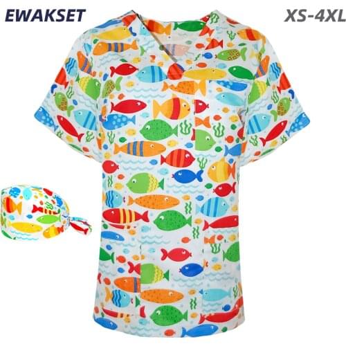 Unisex Scrub Tops for Nurse Doctor 100% cotton cartoon printing Hospital Uniform Nursing Accessories Clothes Medical Blouse