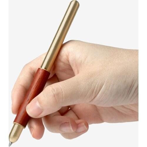 Antique Design High Quality Desktop Signature Pen Brass And Nature Wood Gel Pen With Copper Pen Holder