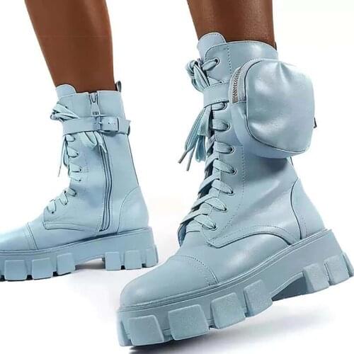 Women Boots 2020 Autumn Chunky Boots Platform Shoes Women Leather Pocket Motorcycle White Botas Mujer Heels Ankle Boots Female