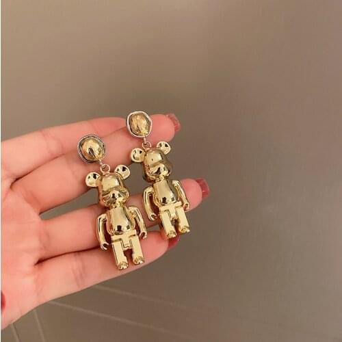 AOMU S925 Autumn New Sweet Cool Gold Silver Color Cute Small Bear Long Geometric Metal Drop Earrings for Women Birthday Gifts