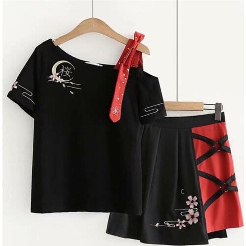 Women Cute Black Short Sleeve T shirt Skirt Set Japanese Sakura Embroidered Single Off Shoulder T-shirt+skirts Suits