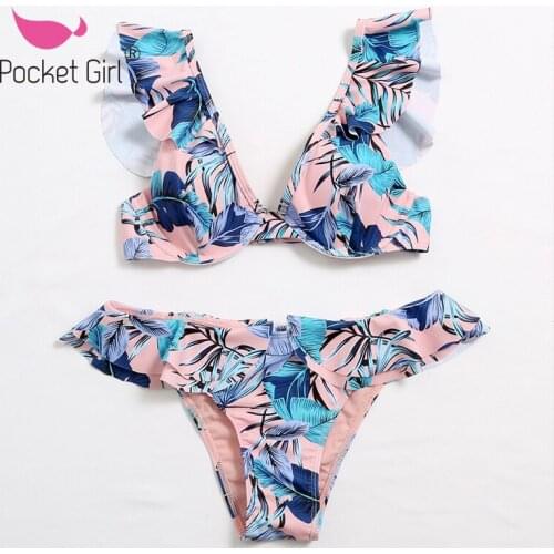 Pocket Girl 2021 2-piece Swimwear Casual Swimsuit Beachwear Womens Ruffled Split Bikini set Swimsuit Padded Bathing Beachwear
