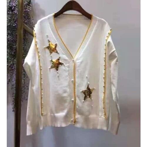 High Quality New Sweater Cardigans 2021 Autumn Winter Knitwear Women V-Neck Beading Deco Long Sleeve Black White Cardigan Tops