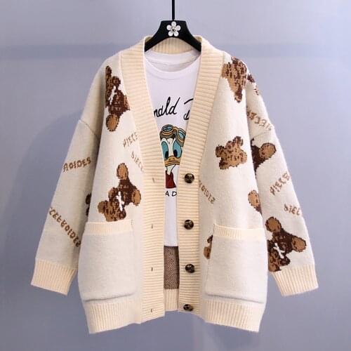 Bear Letter Sweater Coat Womens Oversized And Thickened 2021 Spring New Korean Style Knitted Cardigan