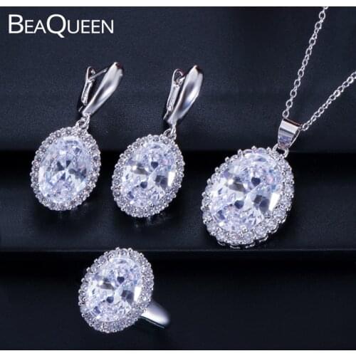 BeaQueen Gorgeous Big Oval Round Cubic Zirconia Stones Women Earring Necklace and Ring 925 Sterling Silver Jewelry Sets JS005