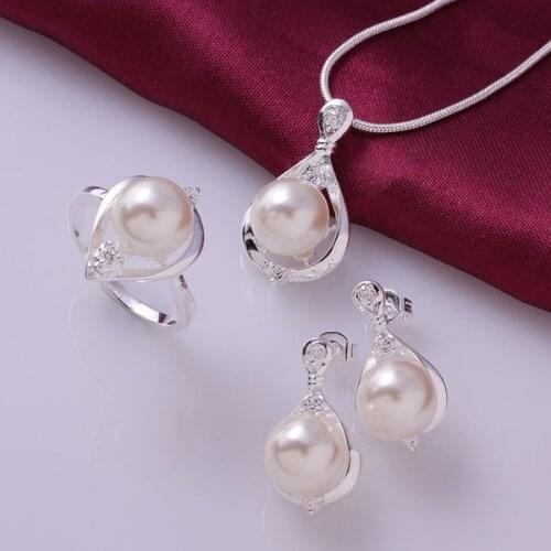 Hot selling Fashion S925 - Crystal Jewelry Set and Imitation Pearl Ring Earrings Necklace Sets of Womens Jewelry AS523