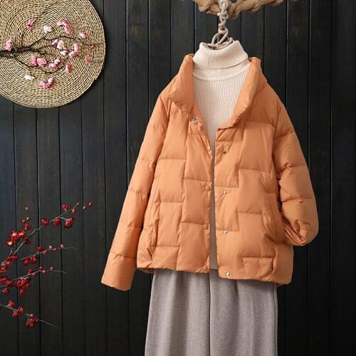Winter Solid Color Women 90% White Duck Down Coats Warm Light Thin Stand Collar Ladies Short Jackets