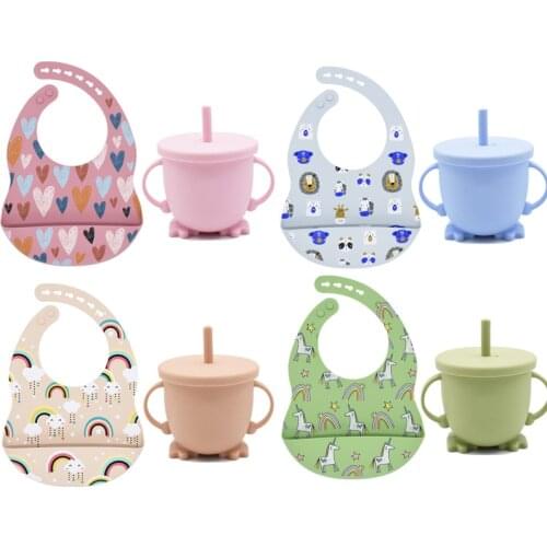 2Pcs/Set Baby Bibs Feeding Cup Tableware For Children Silicone BPA-Free Soft Waterproof Tableware Baby Trainer Cup Bibs Set