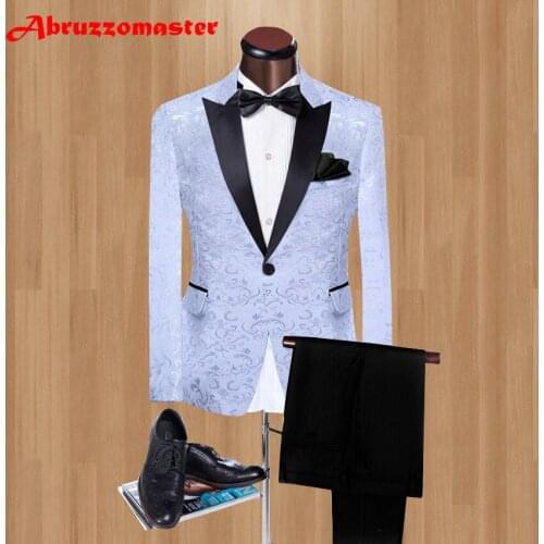 2020 Pesked Lapel Groom Tuxedos Jacquard weave Groomsman Suit Custom Made Man Suit Red/White Men Blazers and Black Pants 2