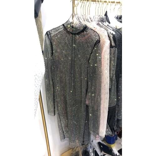 Shiny Diamonds Beading Hollow Out Dress Temperament mesh Slim Turtleneck Long-Sleeved Sexy Party Club mini dress vestido jurken