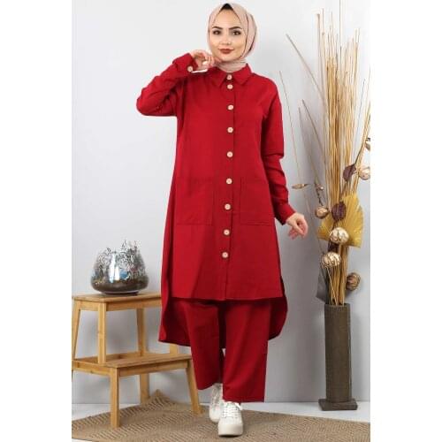 Pocket Dual Hijab Suit TSD0082 Burgundy
