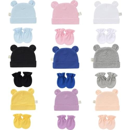 Baby Infants Anti Scratching Cotton Gloves+Ears Hat Set Newborn Mittens Beanies XXFE