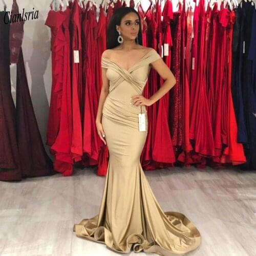 Gold Off The Shoulder Long Mermaid Evening Dress Short Sleeve Pleat Simple Satin Formal Evening Party Dresses