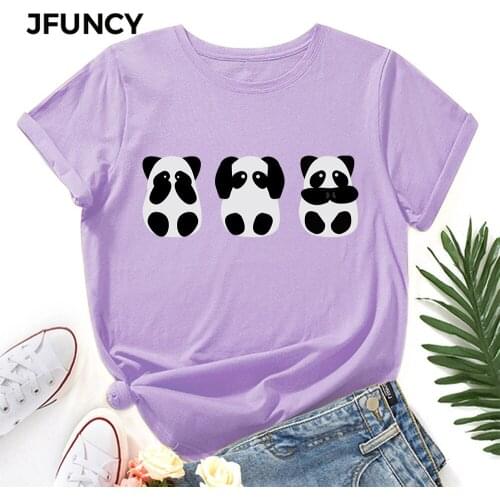 JFUNCY Oversize Womens Tops Cute Panda Print Harajuku Tshirt Female Shirts Summer Casual Short Sleeve Basic Tee Cotton T-shirt
