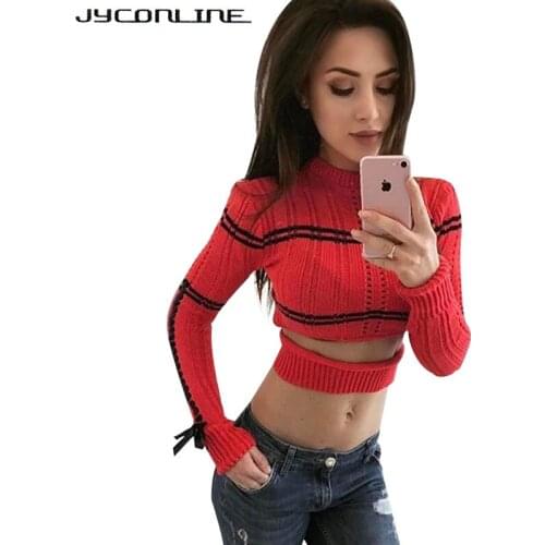 JYConline Autumn Sexy Striped Pullover Sweater Lace Up Knitted Women Sweater Cropped Female Pullover Tops Short Ladys Sweaters