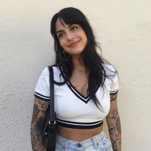 Crop Top Sexy Pit Bar Tight Fitting Exposed Navel V-Neck Color Contrast Bottom Up Summer Clothes For Women Tops