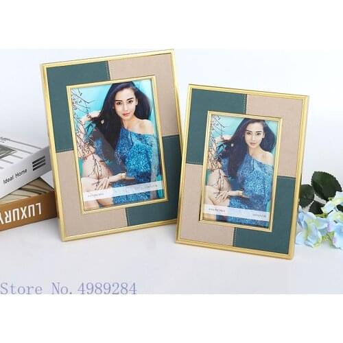 Metal Photo Frame Leather Stitching Golden Border Photo Display Stand Desktop Crafts Ornaments Picture Frame Wall Art Vintage