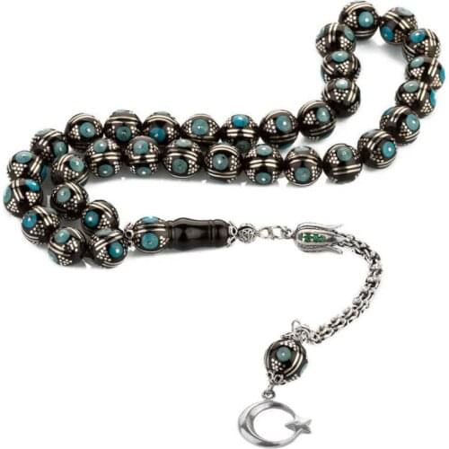 Silver Jet Stone Prayer Bead With Silver Tassel Men Rosary With Silver Inlay Islamic Tasbih With Turquoise Stone Embroidered
