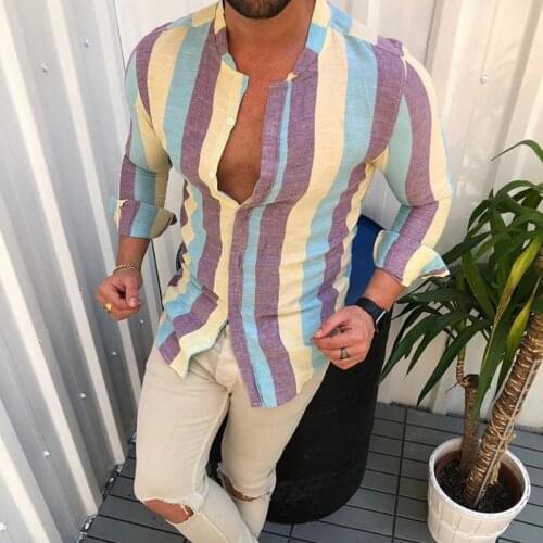 Newest Mens Fashion Colorful Stripe Shirts Printed Casual Slim Fit Long Sleeve Square Collar Vacation Male Social Business Tops