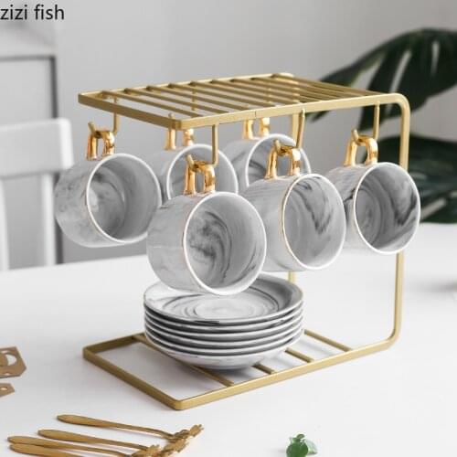 Ceramic Coffee Cup Set European Gold-rimmed Mug and Saucer Set Marble Pattern Ceramic Household Afternoon Mugs with Cup Holder