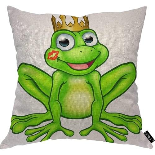 EKOBLA Frog Prince Throw Pillow Cover Lovely Cartoon Fairy Tale Mascot Golden Crown Lipstick Kiss Cozy Square Cushion Case