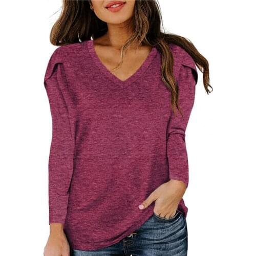Solid Color Tshirts Women Loose Long Sleeve Tee Tops Soft Polyester V Neck Tshirts for Women Bottoming Tees Tops femme T-Shirts