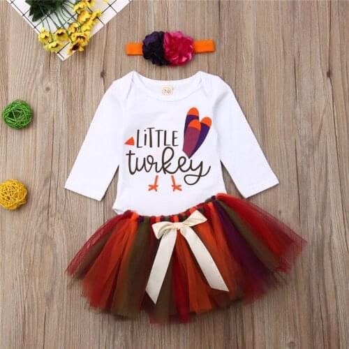 3pcs Autumn Turkey Thanksgiving Clothes Baby Girl Letter Romper Tulle Skirt Headband Clothes Outfit Holiday Set
