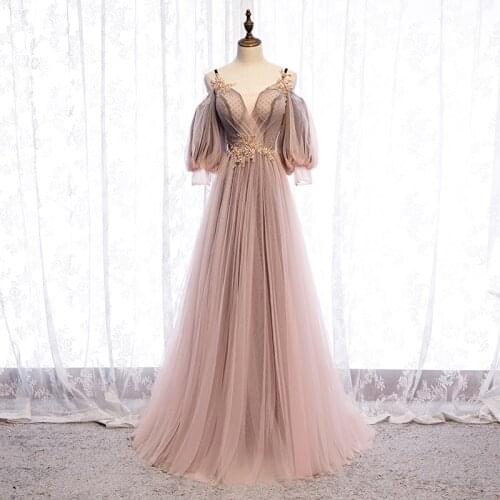 New Spaghetti Strap Half Sleeves Evening Dress Appliques Strapless A-Line Floor-Length New Tulle Party Formal Gown Woman B297