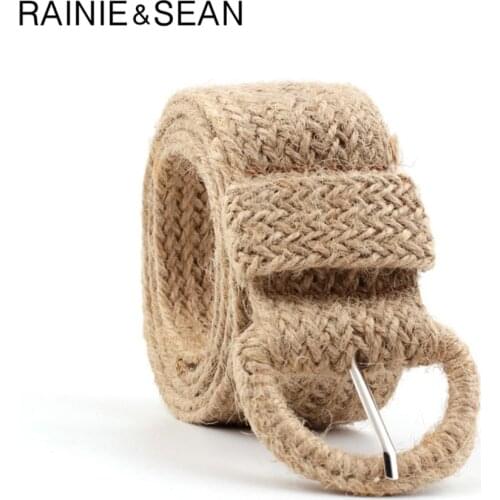 RAINIE SEAN Braided Belt for Women Khaki Casual Bohemian Style Women Woven Belt Hemp Rope Wax Flax Linen Belt