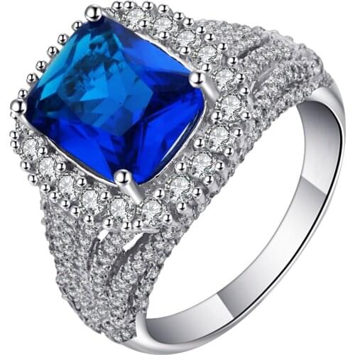 Silver color Wedding Jewelry Rings for Women luxury large square Crystal Engagement blue Cubic Zirconia Ring gifts