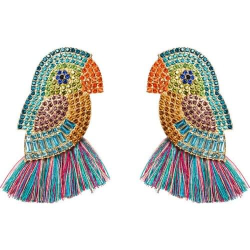 SHIFEEL New Arrival Occident Fashion Multicolor Rhinestone Parrot animal Bird Tassel Earrings Bohemia Pendients Women jewelry