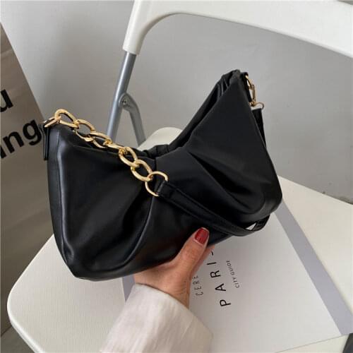 Fashion Chain Shoulder Bag High Quality Pleated Handbag Summer Wild PU Leather Underarm Package Female Bags Solid Color Purse