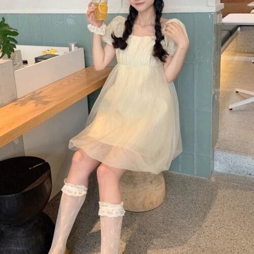 Japan Kawaii Sweet Lolita Maid Dress Women Cute Princess Bow Lace-up Dress Female Bubble Sleeve Casual Holiday Party Fairy Dress