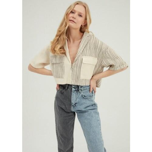 Womens Brown Two Color Striped Short Jacket 100% Cotton Spring / Summer Street Holiday Fashion Style