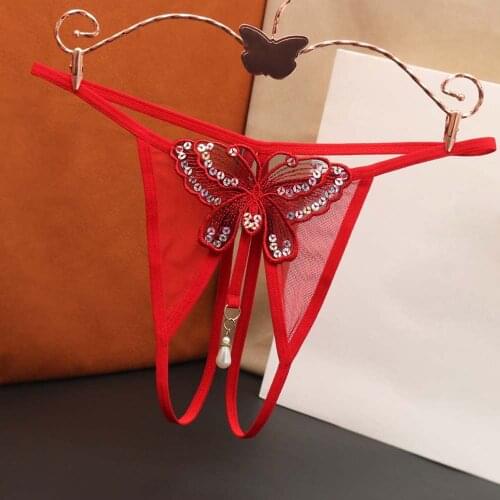 Hot Sexy Panties Crotch With Pearl Lace Thongs And G Strings Underwear Women Sexy Lingerie Sequin Transparent Mesh Thong