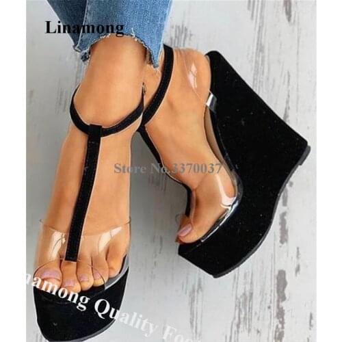 Linamong Western Fashion Clear PVC High Platform Wedge Sandals Black White Red T-strapTransparent Wedge Height Increased Shoes