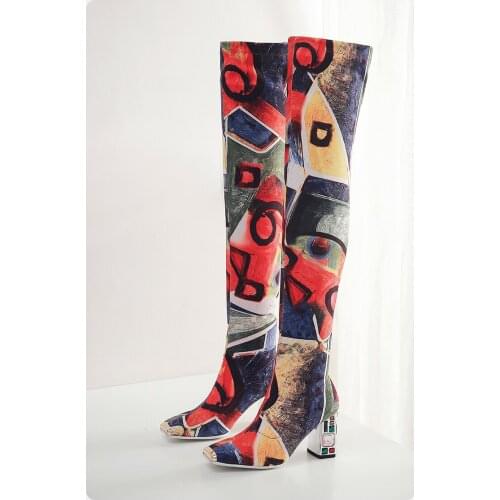 ASHIOFU Hot Sale High Heel Boots European&American Style 2020 New Money Print Fashion Crystal heel Thigh High Boots Short Shoes