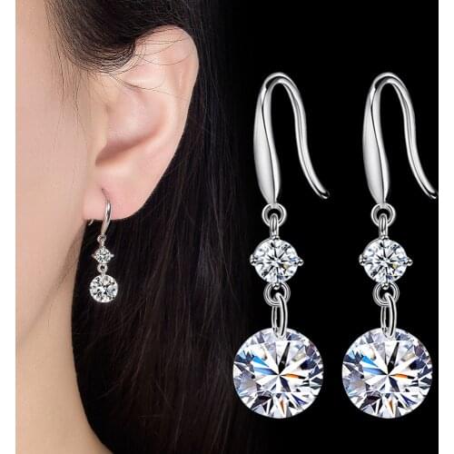 Fanqieliu Luxury Solid Sterling 925 Silver Drop Earrings For Girl Round Crystal Dangle Earing Anniversary Gift Women FQL21275