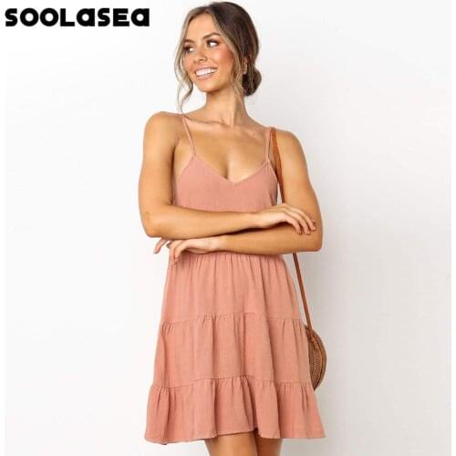 Soolasea Spaghetti Strap Cotton Linen Dress Women Sleeveless V-Neck Summer Dress Solid Backless Mini Party Dress Female Vestidos