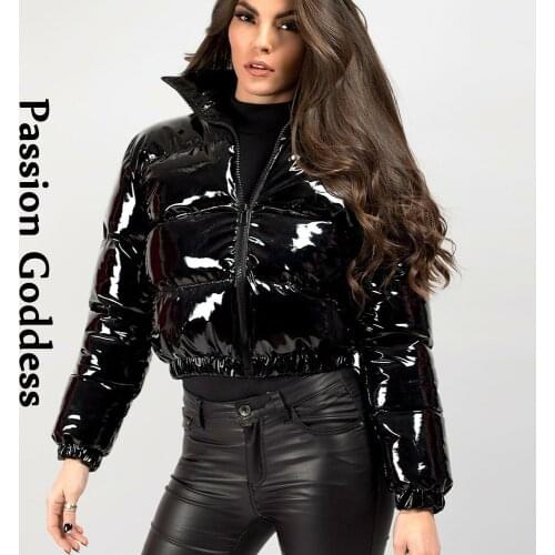 Winter Women Shiny Leather Puffer Jacket Cropped Parka Down Warm Thick Bubble Coats Black PU Leather Parkas Loose Zipper Jackets