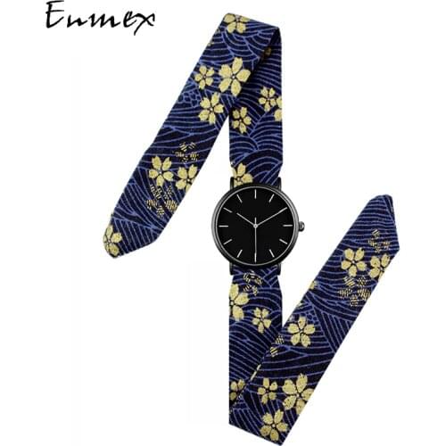 2019 Lady gift simple watch Enmex strappy cotton watch chinese blue style fashion vertical lines black face quartz wristwatch